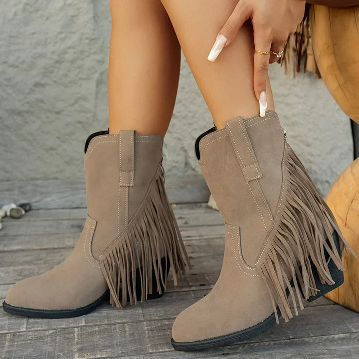 Dorle | Damen Cowboy Stiefel mit Fransen Westernstiefel - Brown - Image 4