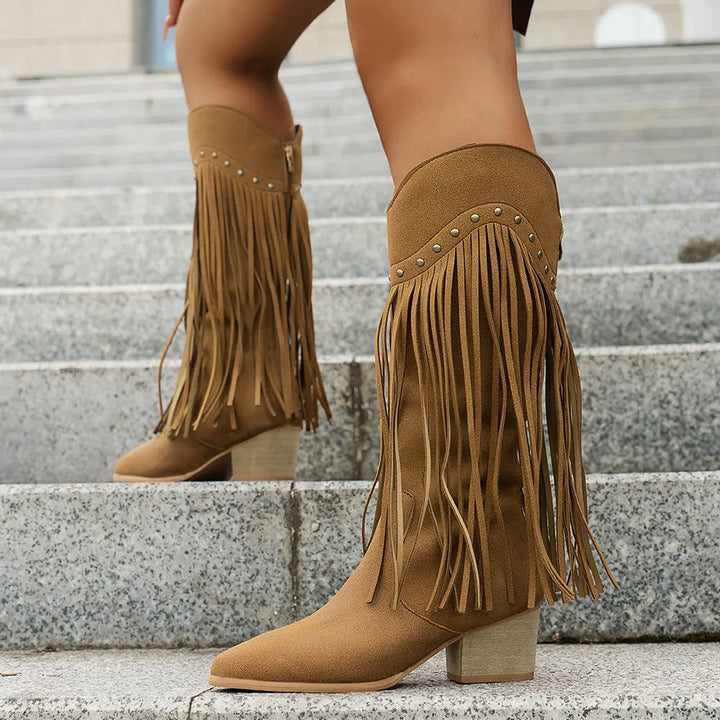 Dorle | Damen Cowboy Stiefel mit Fransen Westernstiefel - Brown - Image 7
