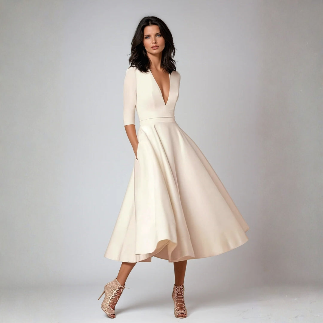 Dorothée | Damen V-Ausschnitt Ausgestelltes Midikleid - Cream - Image 1