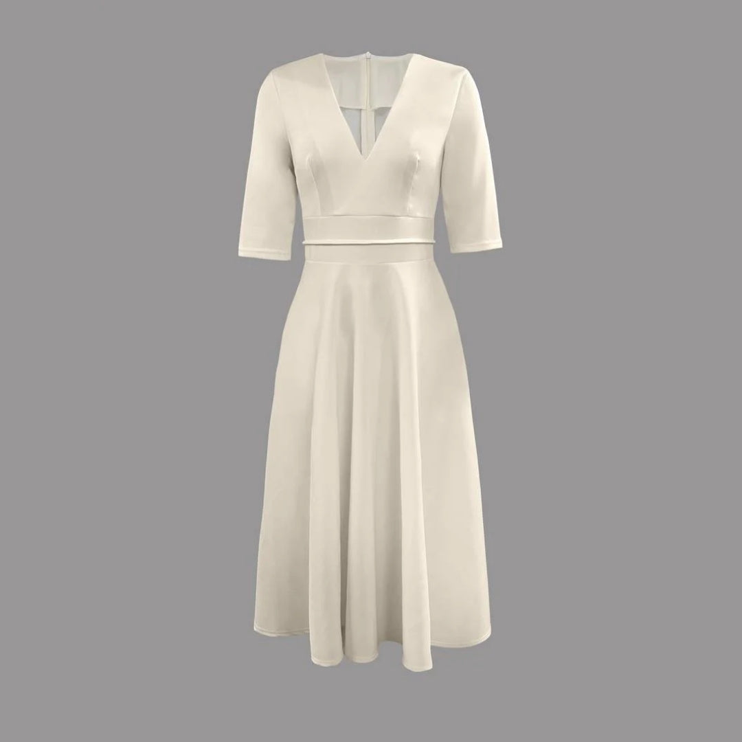 Dorothée | Damen V-Ausschnitt Ausgestelltes Midikleid - Cream - Image 2