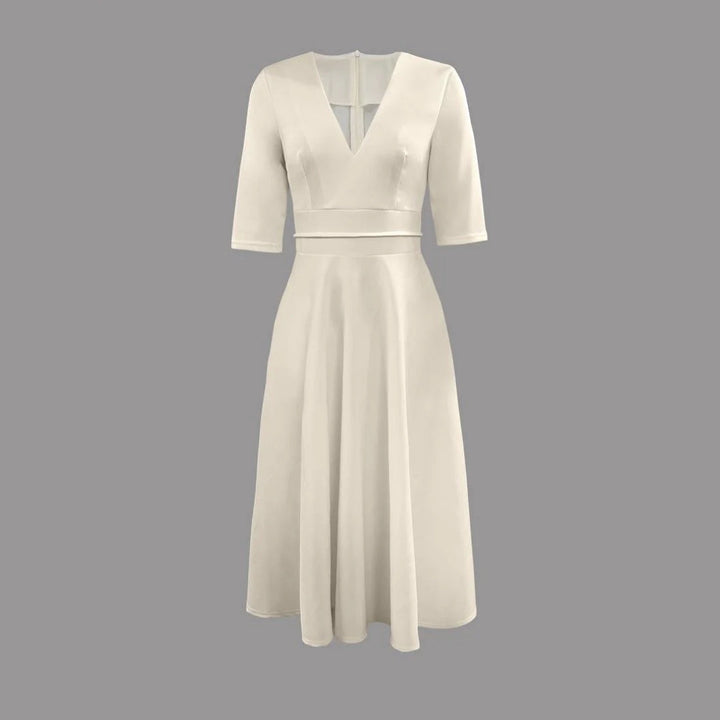 Dorothée | Damen V-Ausschnitt Ausgestelltes Midikleid - Cream - Image 2