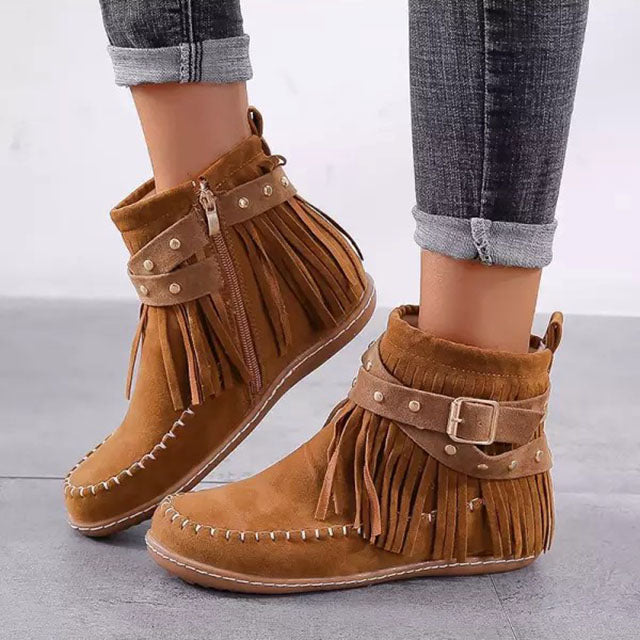 Dorothea | Damen Fransen Stiefeletten mit Schnallen - Brown - Image 1