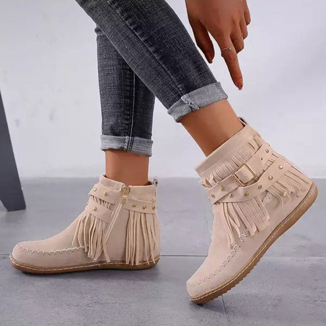 Dorothea | Damen Fransen Stiefeletten mit Schnallen - Brown - Image 3