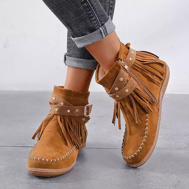 Dorothea | Damen Fransen Stiefeletten mit Schnallen - Brown - Image 4
