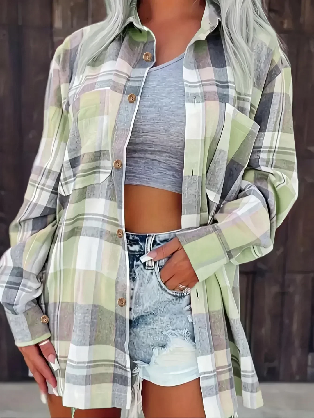 Kessia | Damen Flanellhemd Kariert Oversized Langarm Herbst