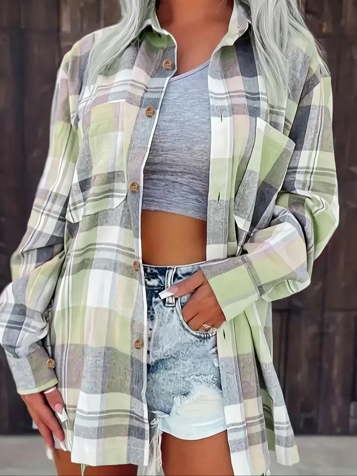 Kessia | Damen Flanellhemd Kariert Oversized Langarm Herbst