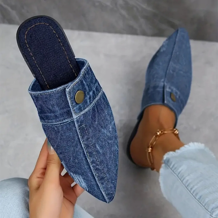 Demi | Damen Denim-Mules Spitz Flach Slip-on Jeans-Look