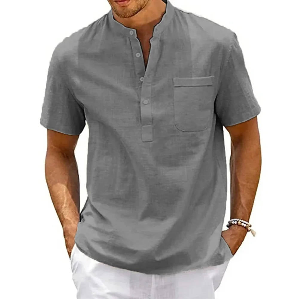 Theo | Herren hemd Kurzarm Henley, Stehkragen Brusttasche