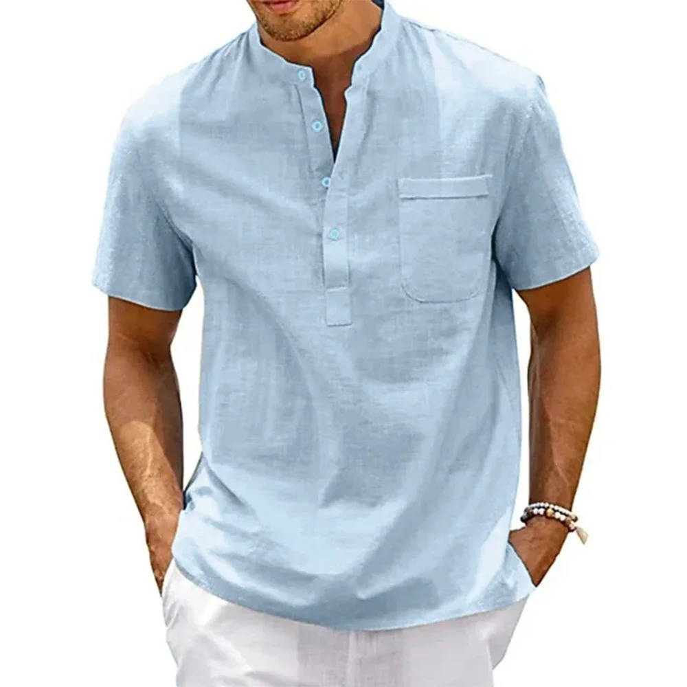 Theo | Herren hemd Kurzarm Henley, Stehkragen Brusttasche
