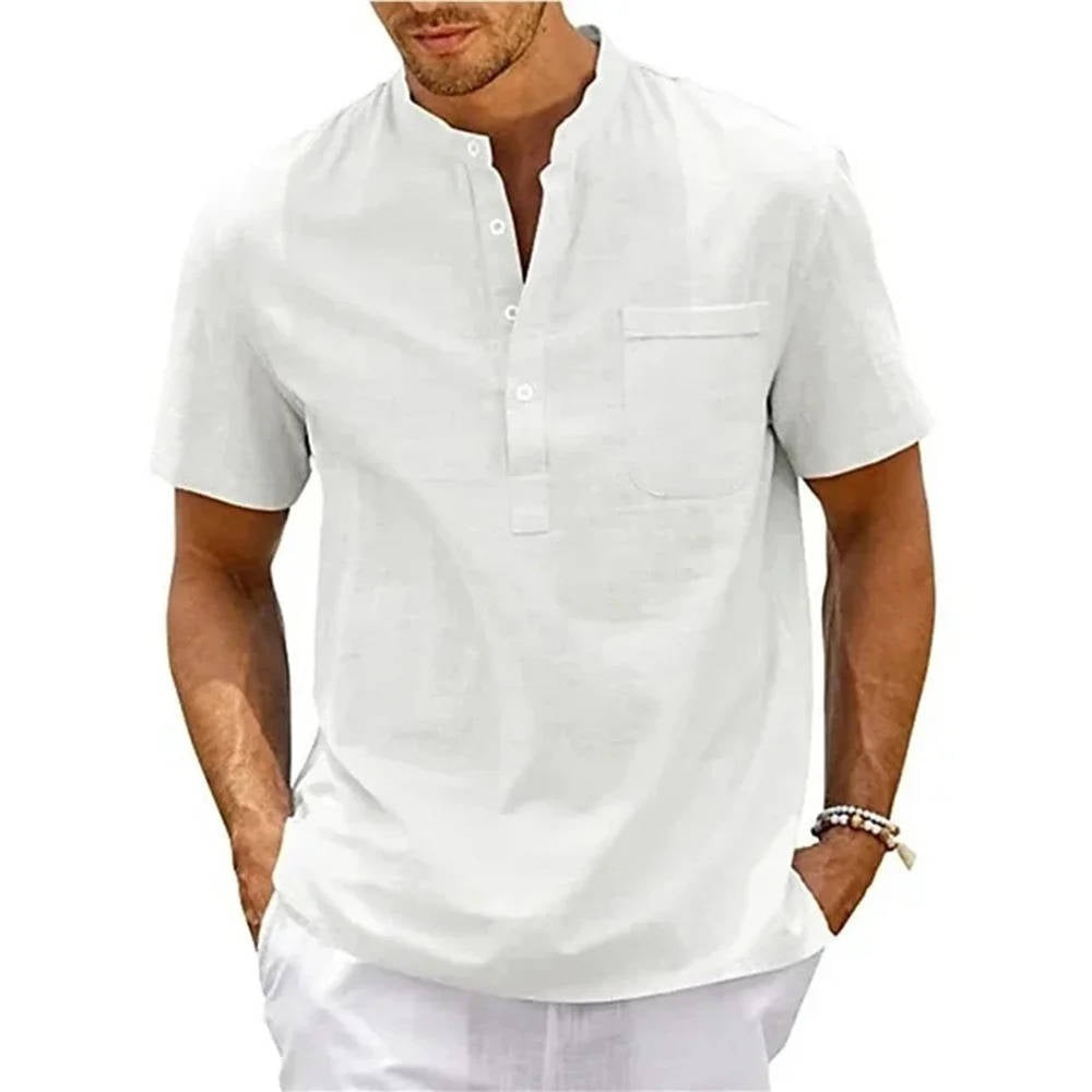 Theo | Herren hemd Kurzarm Henley, Stehkragen Brusttasche