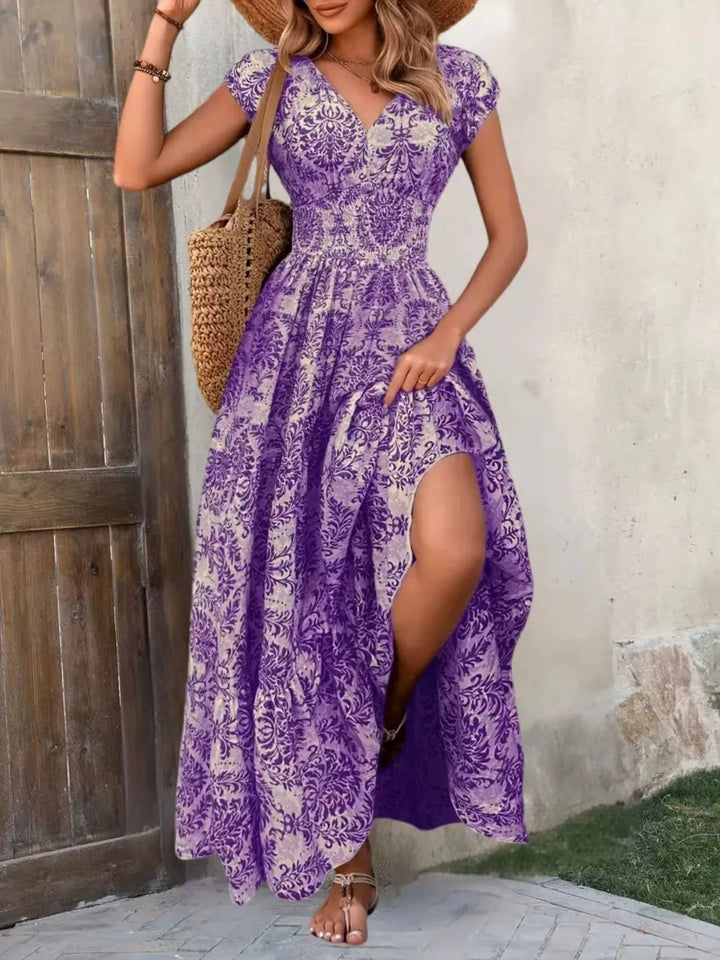 Paloma | Damen Boho Maxikleid mit Smocking-Taille, V-Ausschnitt Print