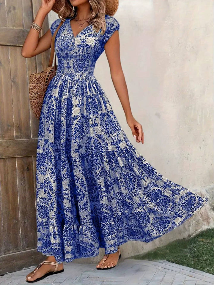 Paloma | Damen Boho Maxikleid mit Smocking-Taille, V-Ausschnitt Print