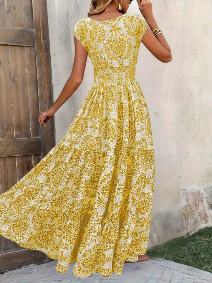 Paloma | Damen Boho Maxikleid mit Smocking-Taille, V-Ausschnitt Print
