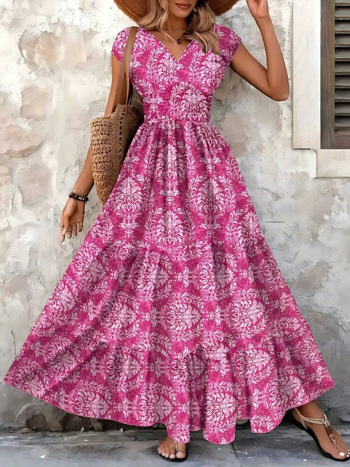 Paloma | Damen Boho Maxikleid mit Smocking-Taille, V-Ausschnitt Print