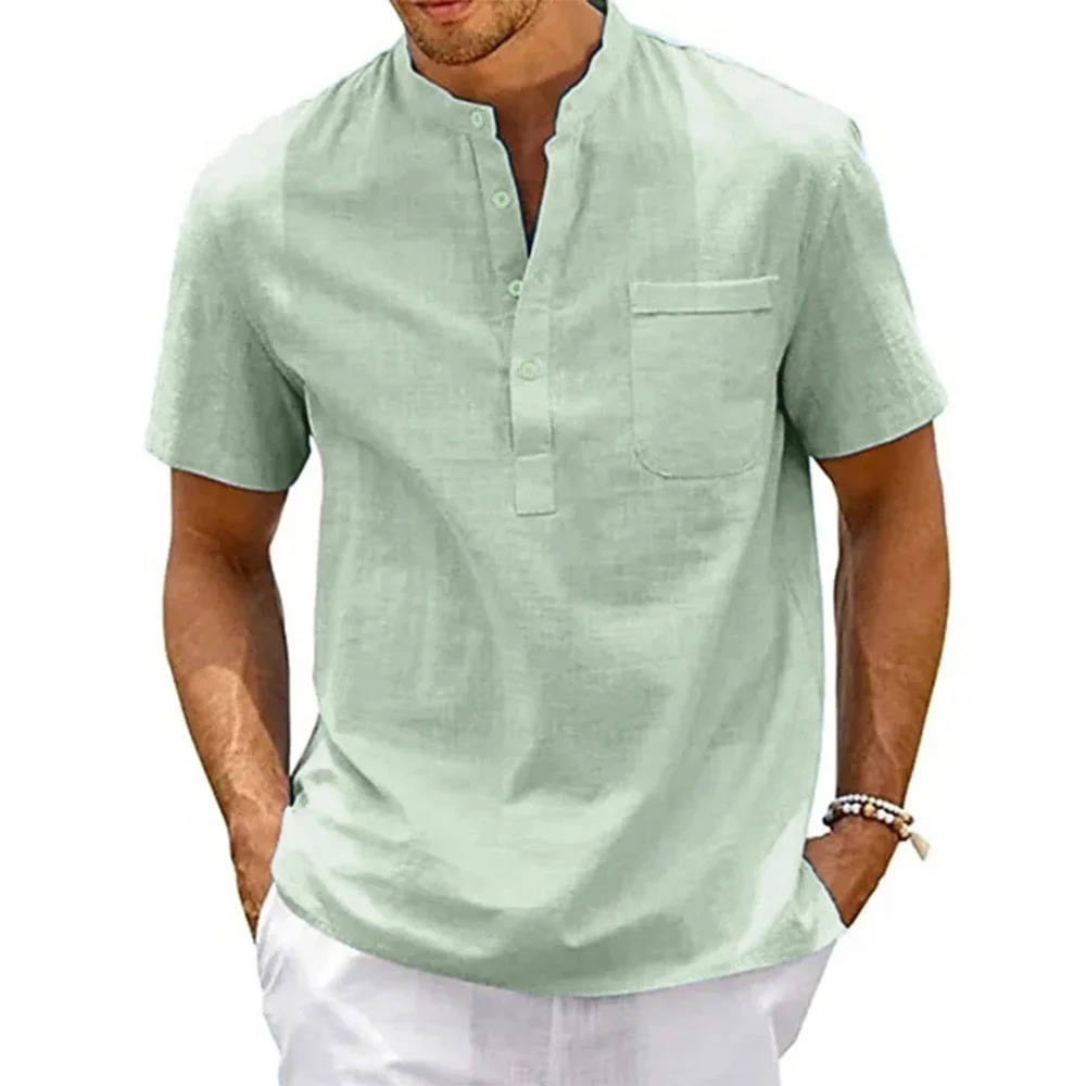 Theo | Herren hemd Kurzarm Henley, Stehkragen Brusttasche