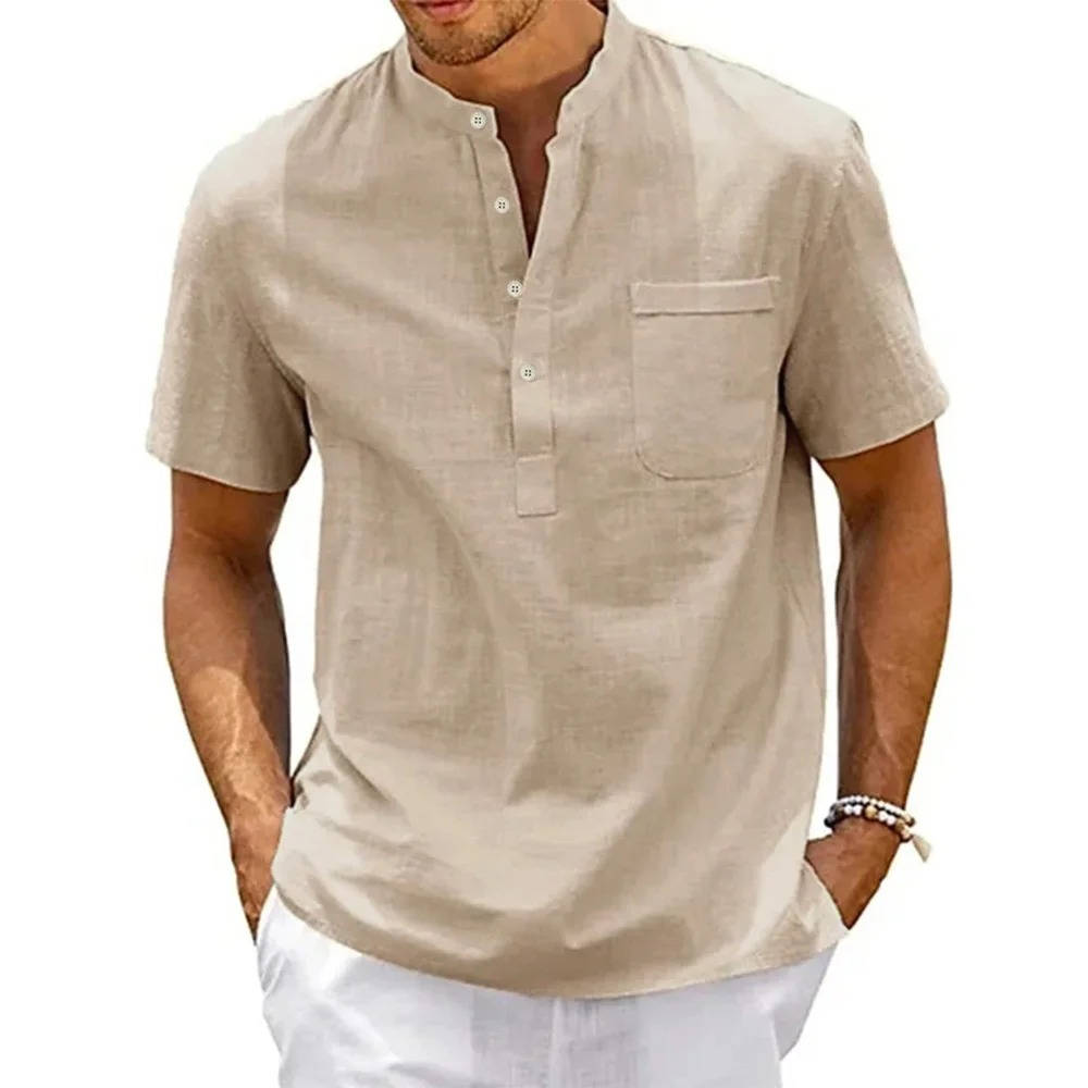 Theo | Herren hemd Kurzarm Henley, Stehkragen Brusttasche