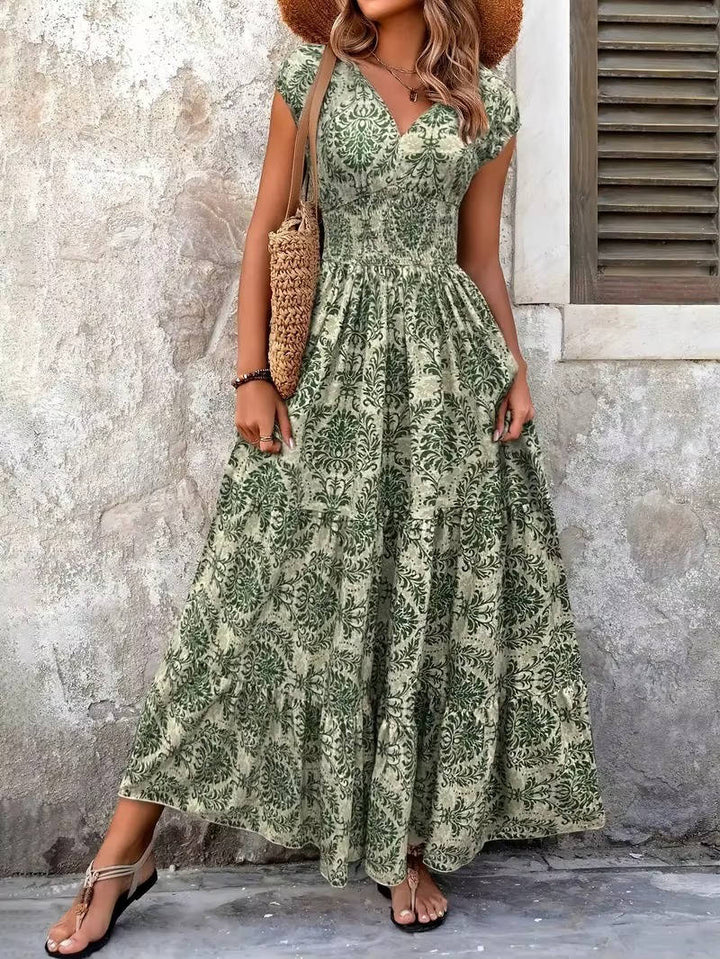 Paloma | Damen Boho Maxikleid mit Smocking-Taille, V-Ausschnitt Print