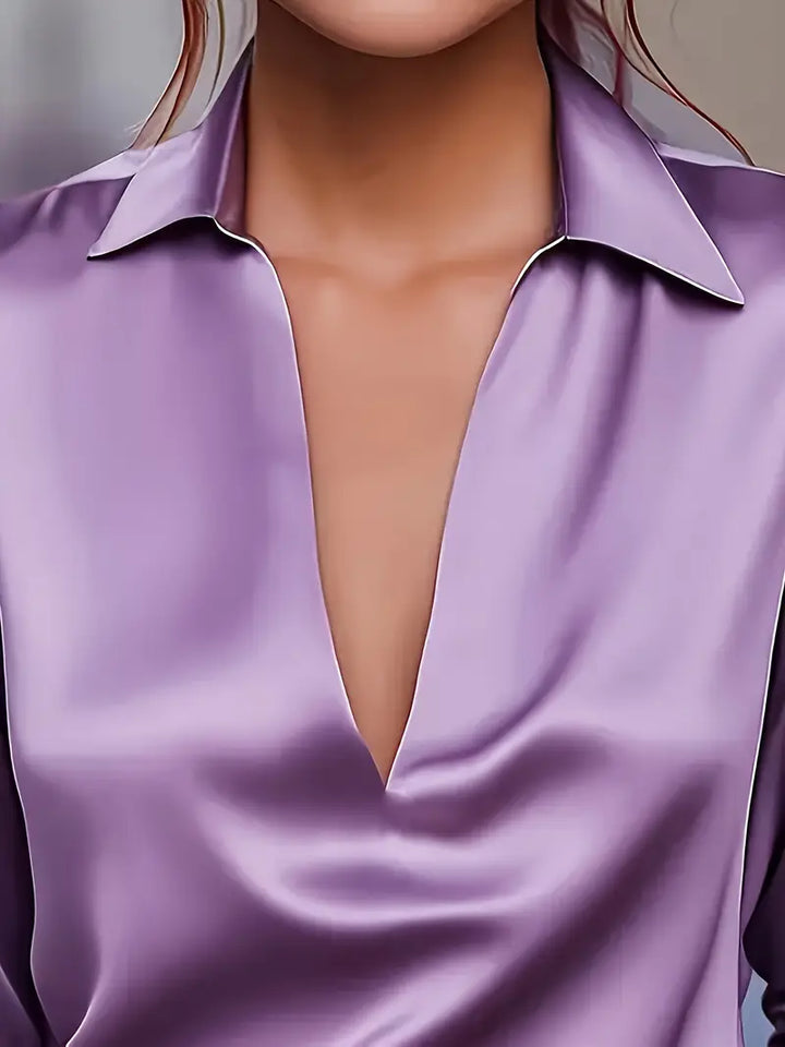 Stella | Damen Satin Bluse Langarm V-Ausschnitt Elegant
