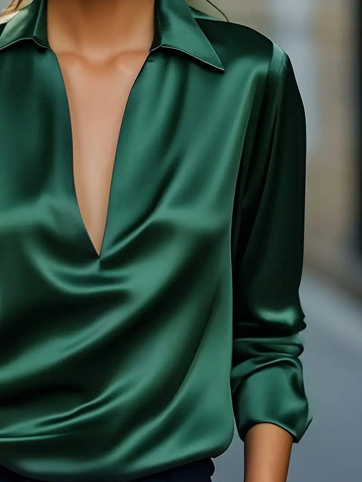 Stella | Damen Satin Bluse Langarm V-Ausschnitt Elegant