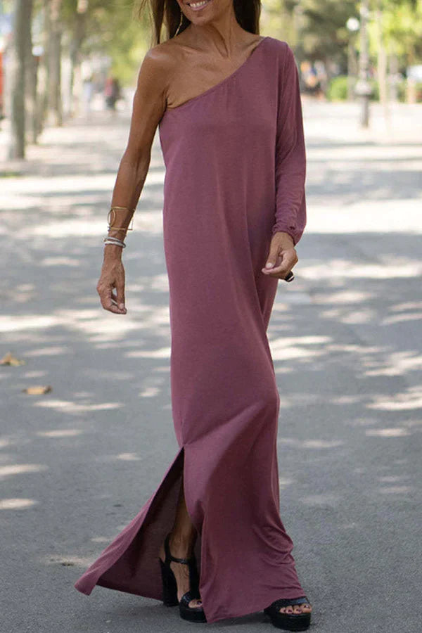 Greta | Damen One-Shoulder Maxikleid Lang Einfarbig Schlitz