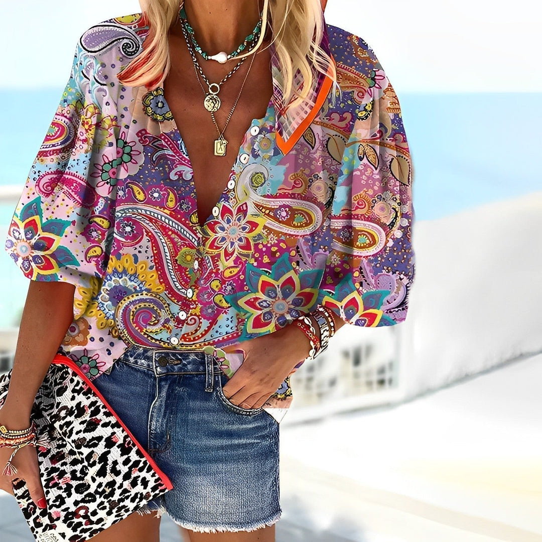 Maya | Damen Bluse Paisley Mandala Print V-Ausschnitt Boho