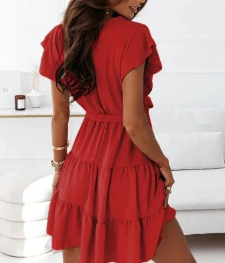 Chloe | Damen Wickelkleid Kurz V-Ausschnitt Rüschen Bindegürtel