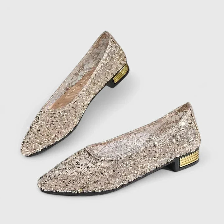 Cammy | Damen Spitze Ballerinas Silber Glitzer Flache Schuhe Elegant