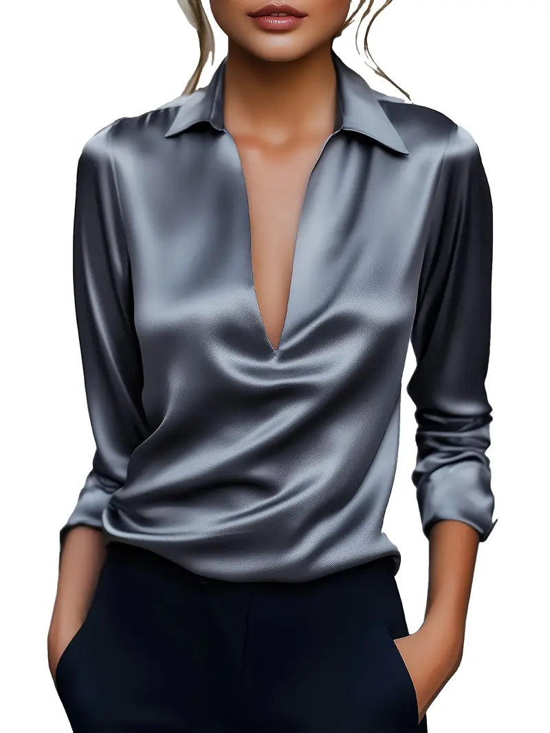 Stella | Damen Satin Bluse Langarm V-Ausschnitt Elegant
