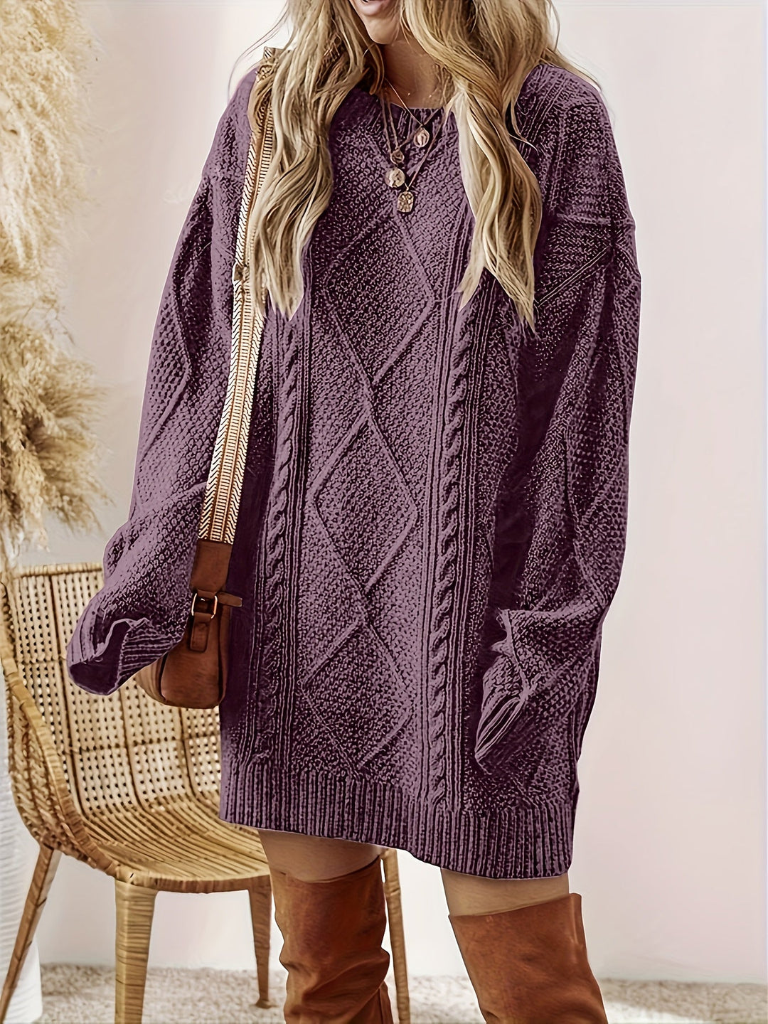 Edelborg | Damen Strickkleid mit Zopfmuster - Purple - Image 2