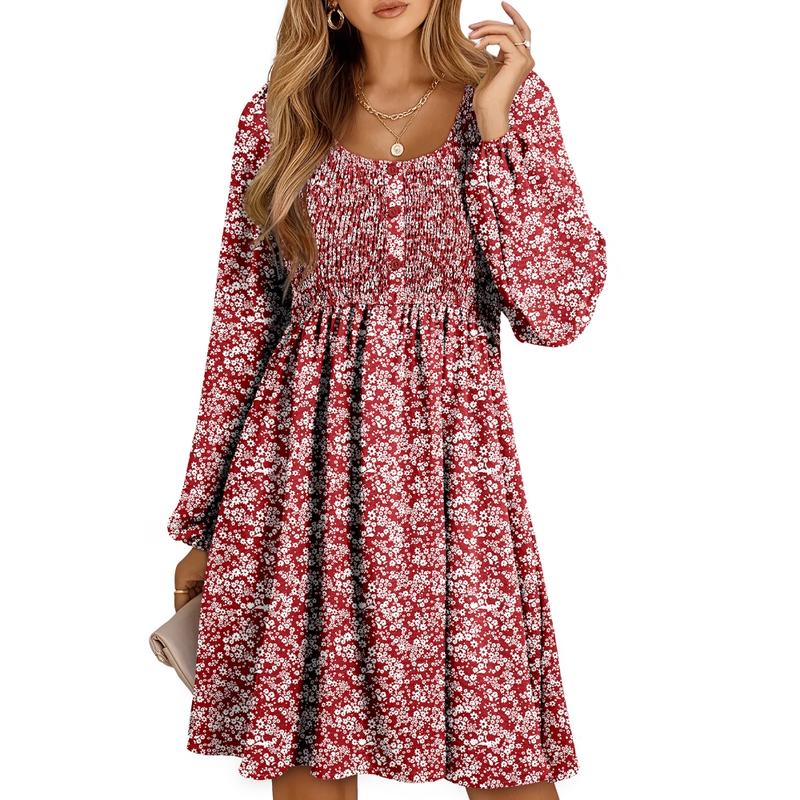 Rosa | Damen Minikleid Smok-Oberteil Eckiger Ausschnitt Langarm