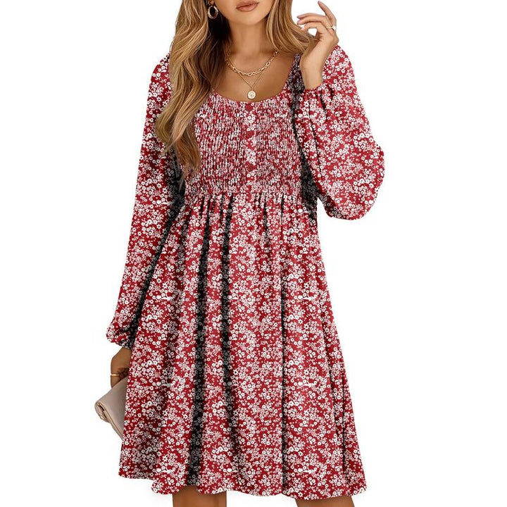 Rosa | Damen Minikleid Smok-Oberteil Eckiger Ausschnitt Langarm