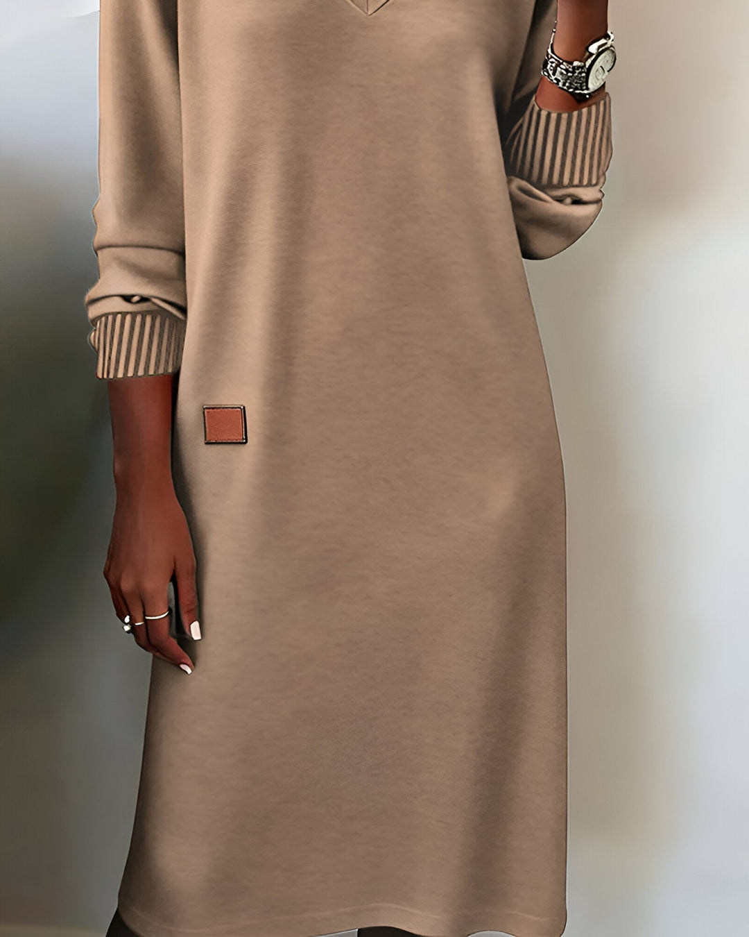 Edilke | Damen Strickkleid Langarm V-Ausschnitt - Beige - Image 6