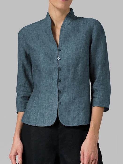 Editha | Damen Stehkragenbluse 3/4-Arm Slim Fit - Light Blue - Image 4