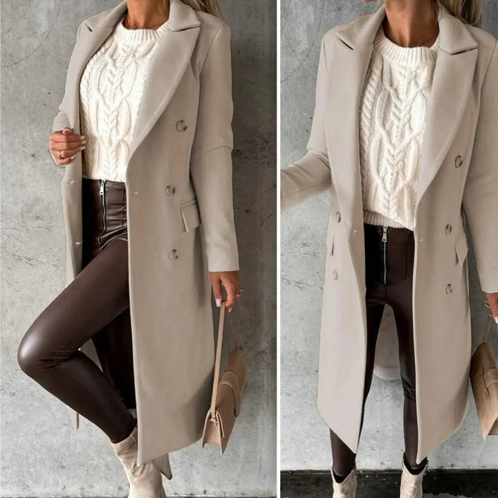 Edlmara | Damen Langer Wintermantel Doppelreihig - Taupe - Image 1