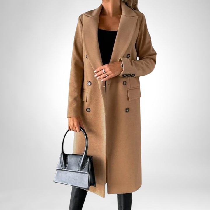 Edlmara | Damen Langer Wintermantel Doppelreihig - Taupe - Image 13