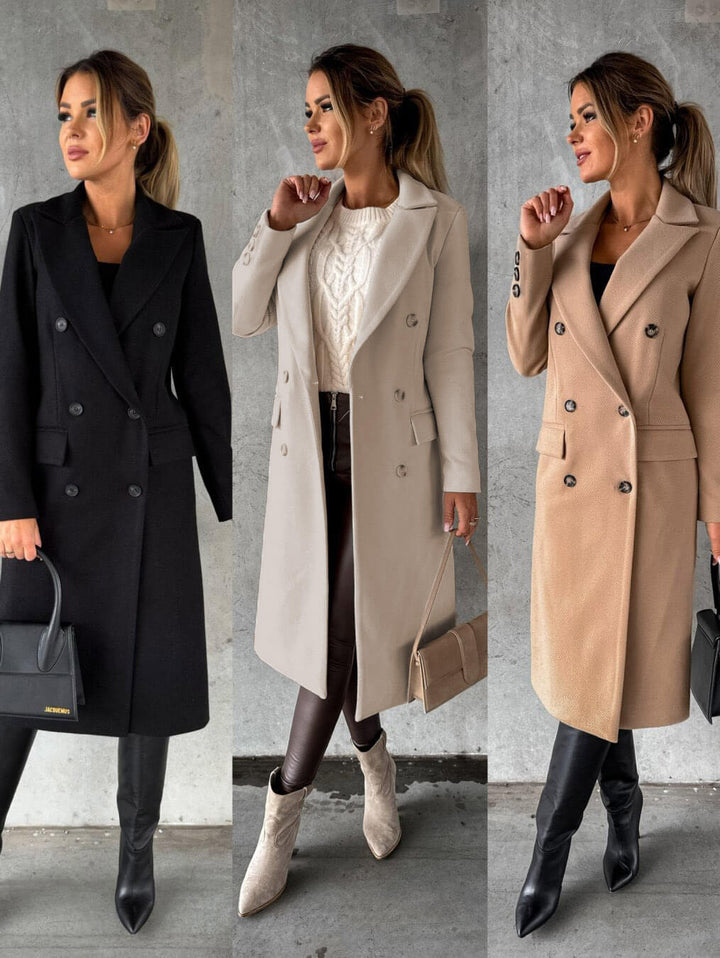 Edlmara | Damen Langer Wintermantel Doppelreihig - Taupe - Image 6