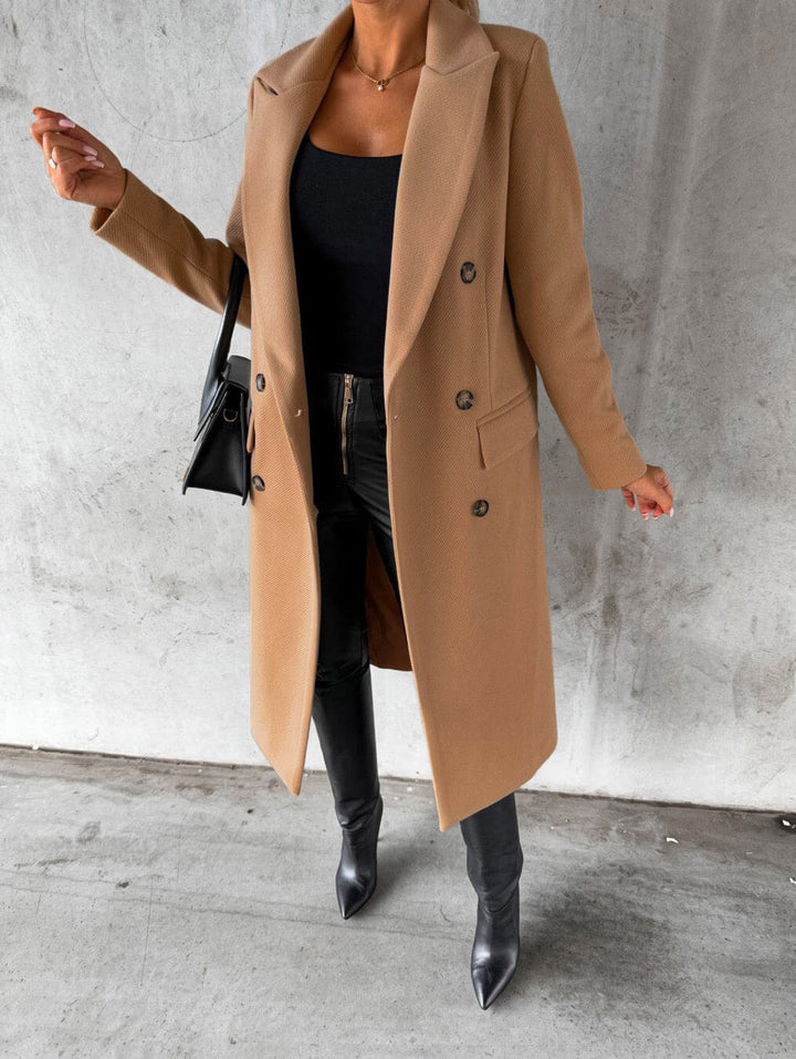 Edlmara | Damen Langer Wintermantel Doppelreihig - Taupe - Image 8