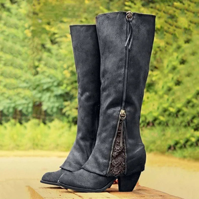 Edmara | Damen Kniehohe Stiefel mit Blockabsatz - Taupe - Image 2
