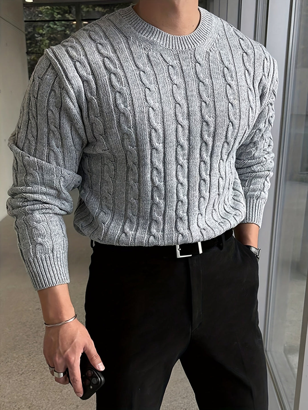 Edvard | Herren Zopfmuster Strickpullover Rundhals - Light Grey - Image 1