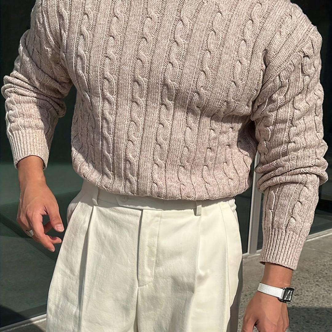 Edvard | Herren Zopfmuster Strickpullover Rundhals - Light Grey - Image 13