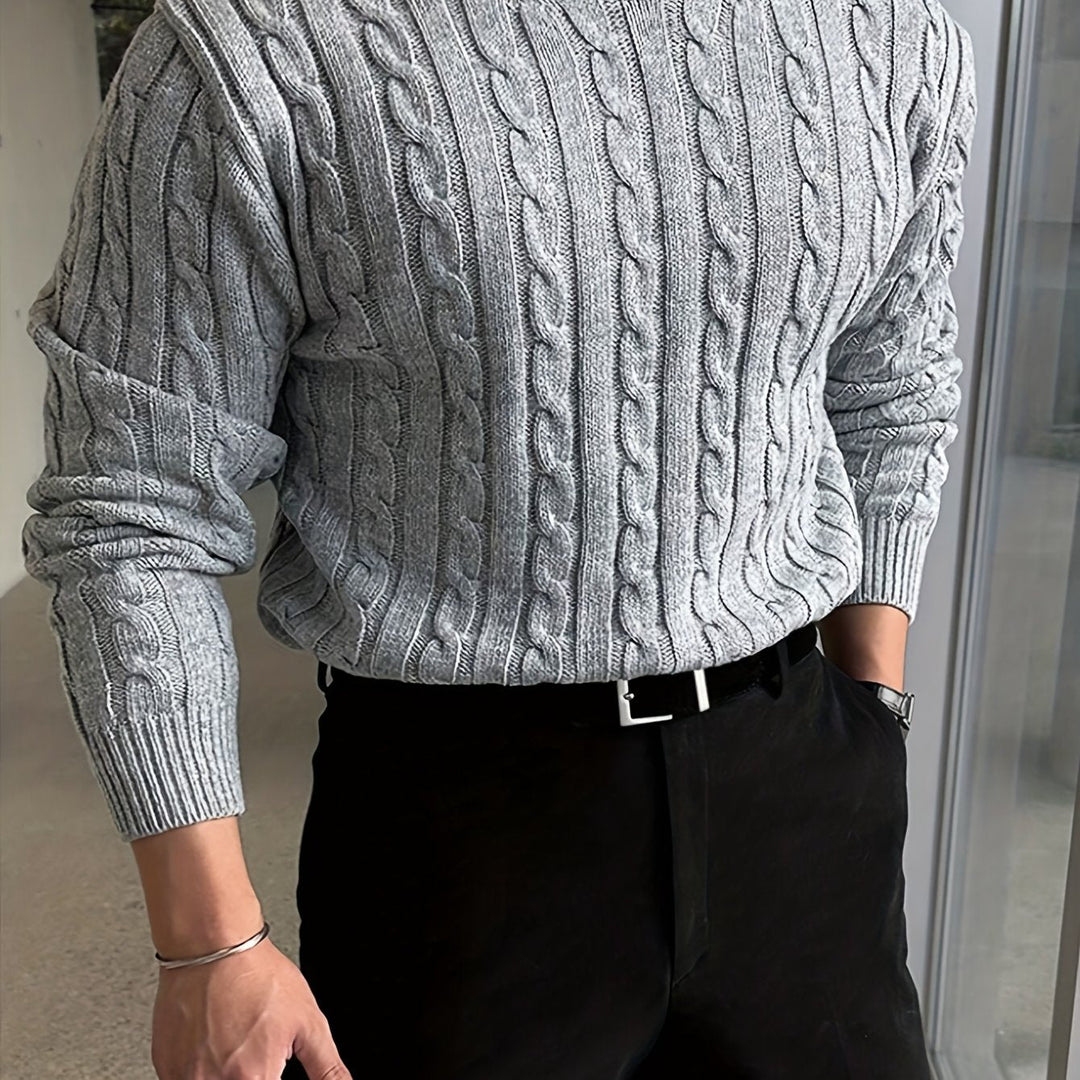 Edvard | Herren Zopfmuster Strickpullover Rundhals - Light Grey - Image 14