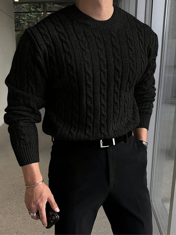 Edvard | Herren Zopfmuster Strickpullover Rundhals - Light Grey - Image 2
