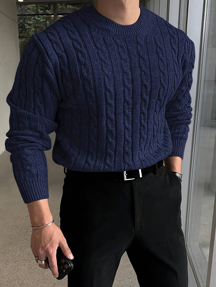 Edvard | Herren Zopfmuster Strickpullover Rundhals - Light Grey - Image 3