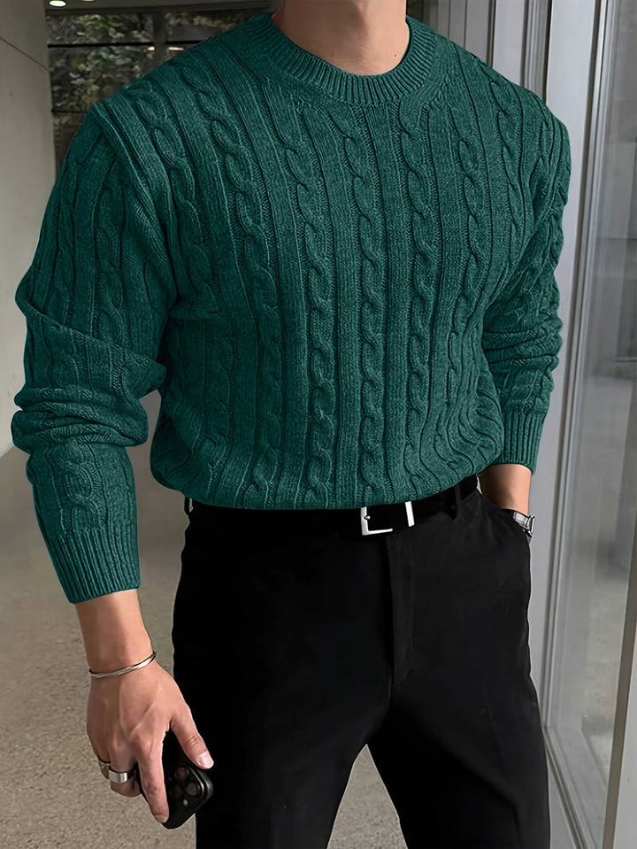 Edvard | Herren Zopfmuster Strickpullover Rundhals - Light Grey - Image 6