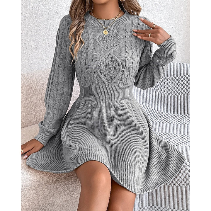 Edwara | Damen Strickkleid Langarm Zopfmuster Mini - Grey - Image 1