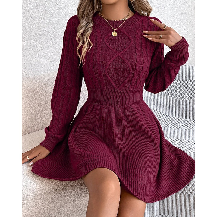 Edwara | Damen Strickkleid Langarm Zopfmuster Mini - Grey - Image 11
