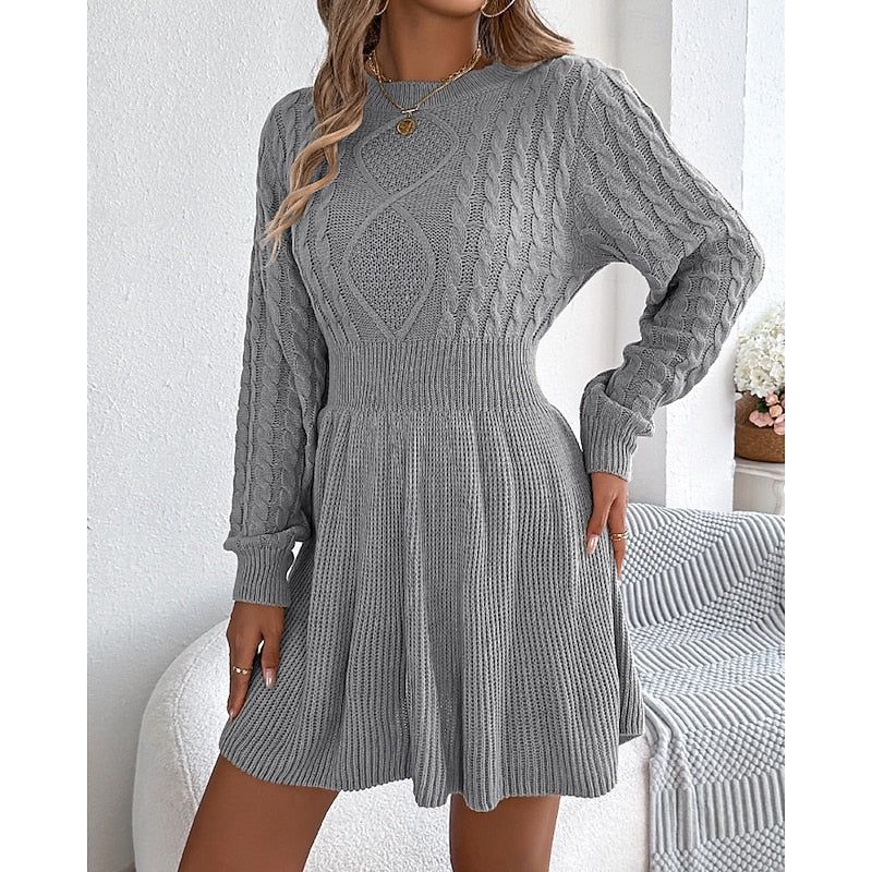 Edwara | Damen Strickkleid Langarm Zopfmuster Mini - Grey - Image 2