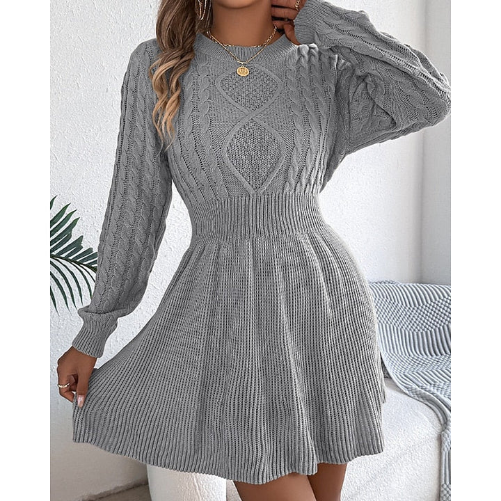 Edwara | Damen Strickkleid Langarm Zopfmuster Mini - Grey - Image 4