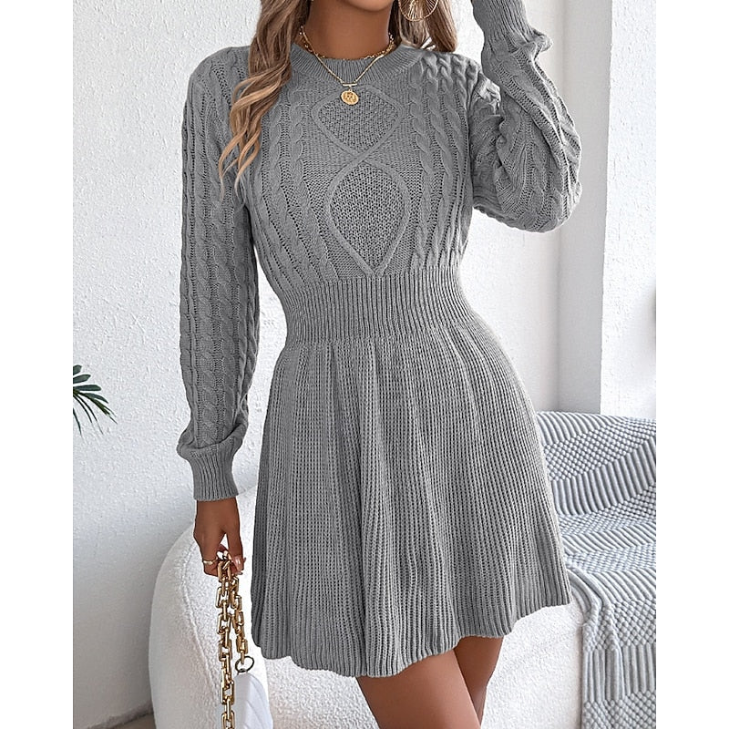 Edwara | Damen Strickkleid Langarm Zopfmuster Mini - Grey - Image 5