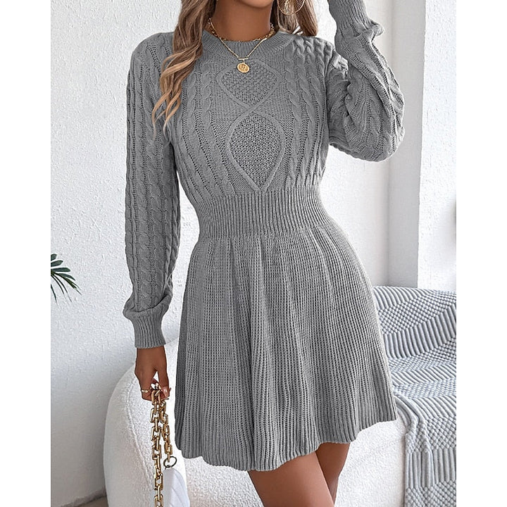 Edwara | Damen Strickkleid Langarm Zopfmuster Mini - Grey - Image 5